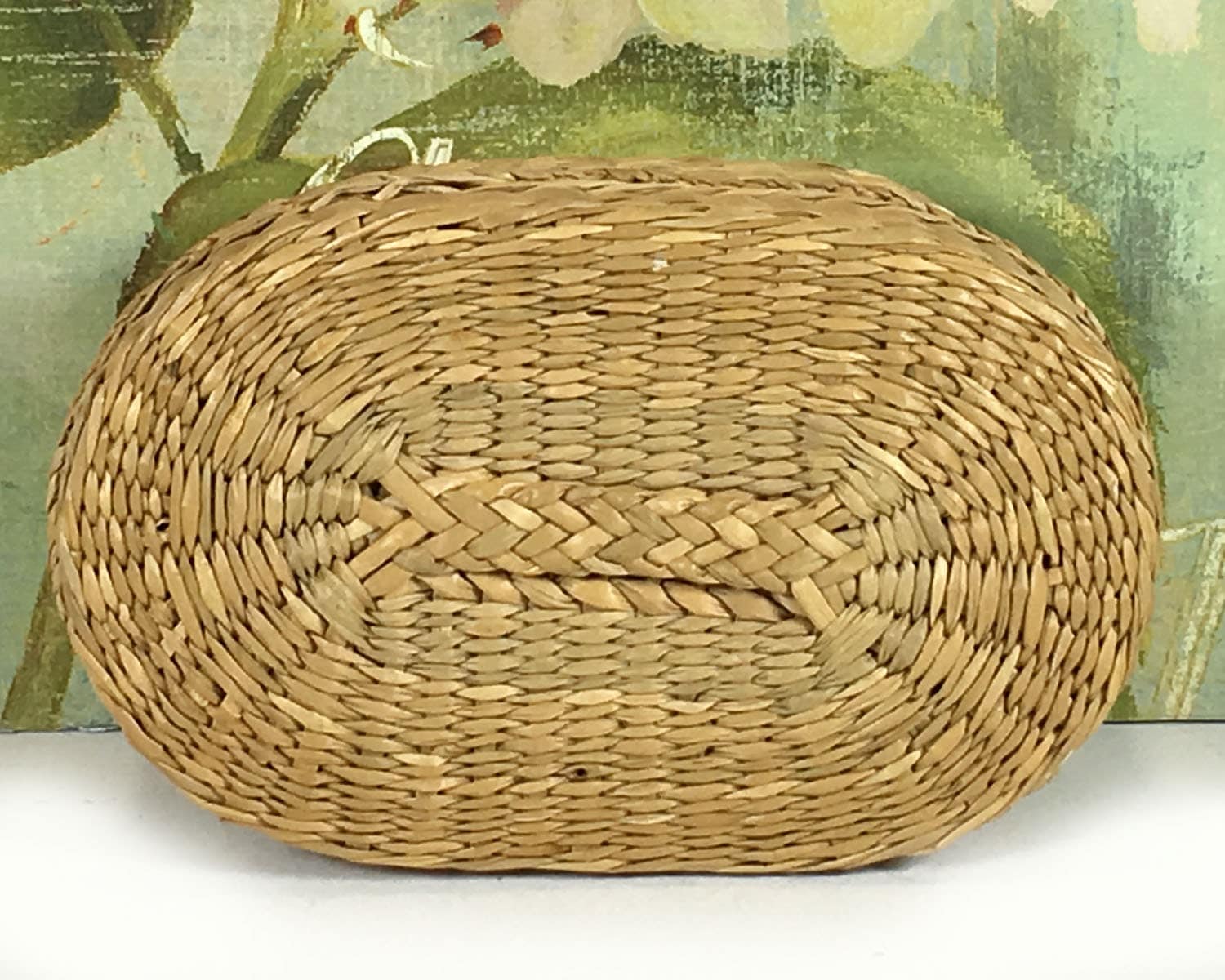 Small Vintage Oval Woven Grass Basket with Lid Natural
