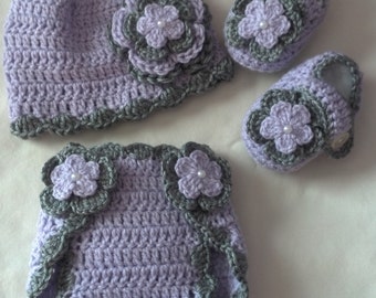 Baby Girl Infant Girl Crochet Hat Beanie Booties Diaper Cover Baby Shower Gift Photo Prop 10005 MADE TO ORDER