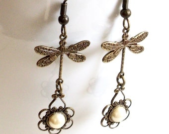 Brass Dragonfly Earrings - Pearl Earrings, Filigree Earrings, Dragonfly Jewelry