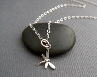 tiny dragonfly necklace. sterling silver dragon fly bug pendant. spirit animal totem. small insect simple jewelry. transformation charm 3/8"