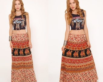 Vintage 90s ETHNIC Wrap Skirt COTTON Boho Skirt Hippie Skirt INDIAN Festival Skirt Ethnic Print Skirt