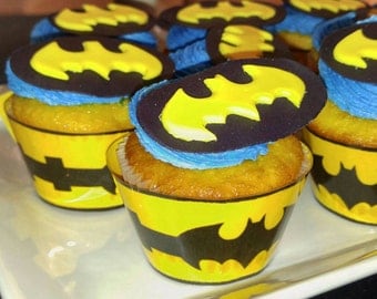 Batman Cupcake Toppers, Edible Batman Cupcake Topper, Batman Birthday Party, Bat Signal, Batman Utility Belt Cupcake Wrappers,