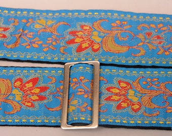 LAST ONE- Handmade Guitar Strap, Bright Blue gold and red Paisley pattern, Rich and luxurious, classic style, hootenanny