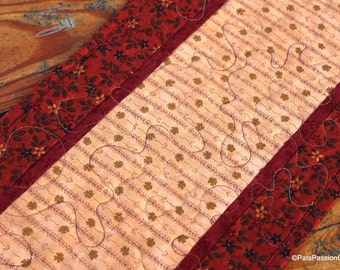 Brown Quilted Table Runner, Primitive Quilted Runner, Quilted Table Runner Brown Tan, Floral Table Runner
