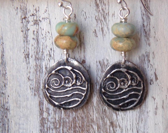 Sterling Silver Gemstone Earrings Jasper Pewter Ocean Wave Charm Stone Artisan Pewter Dangle Drop Boho Beach Nautical Earrings