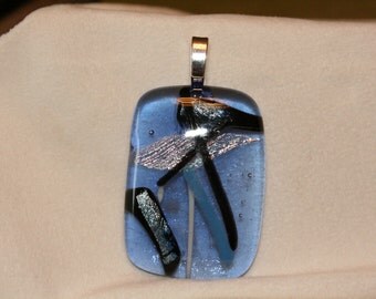 Fused Dichroic Glass Pendant/Necklace -Beautiful Transparent Blue with Pink and Black #00123