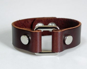 Brown Leather Cuff Leather Bracelet with Rectangle Metal Silver Tone