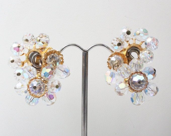 AB Crystal Cluster Earrings Cha Cha Dangles Clip Earrings Glitzy Wedding Special Occasion