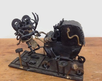 Macabre Metal Sculpture - Mouse with Baby Carriage - 1970s Retro Art