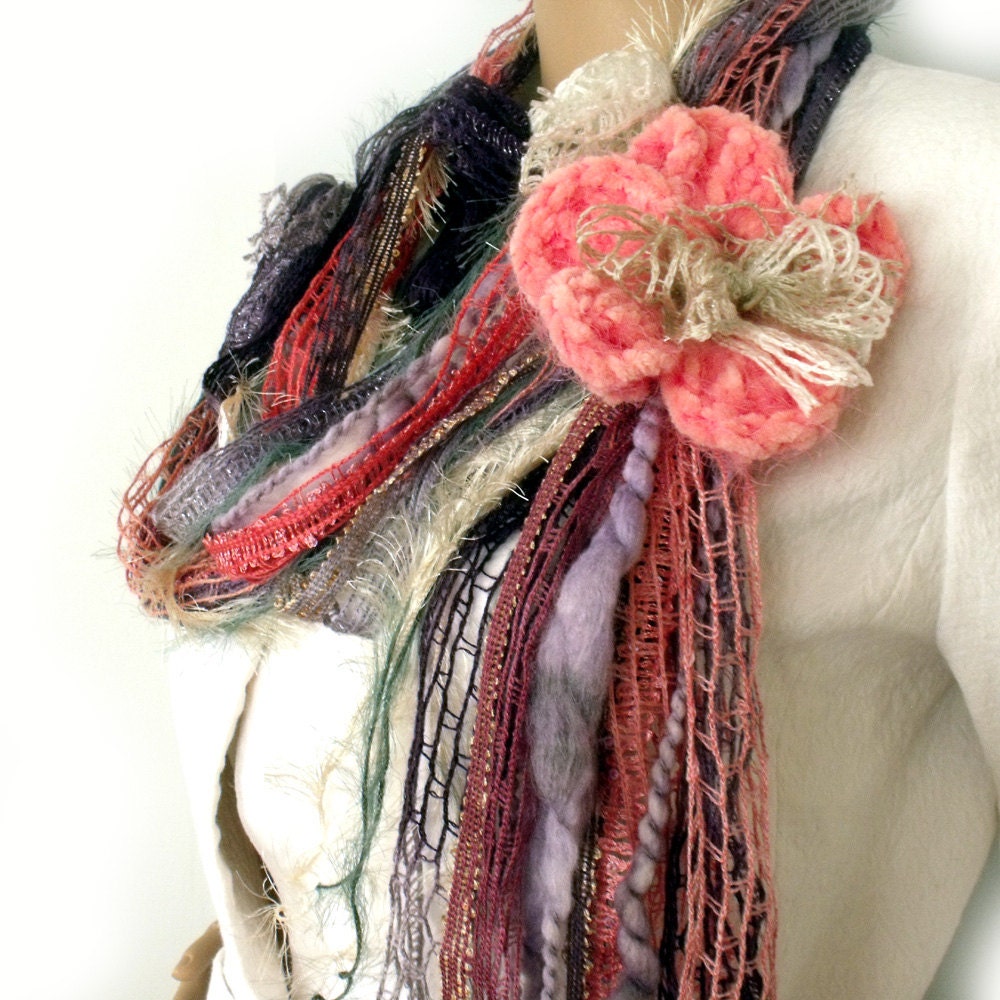 Boho scarf Gypsy hippie scarf Infinity scarf Fiber art