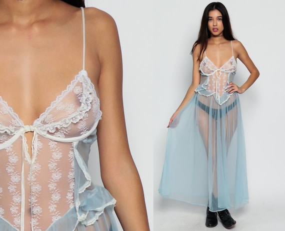 Sheer Nightgown Lingerie Lace Slip Dress Ruffle S Maxi Boho