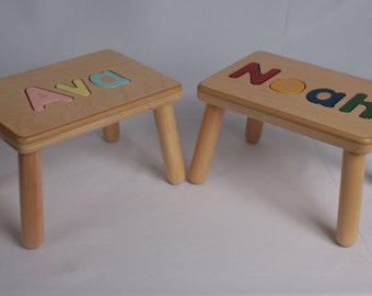 Wooden Name Puzzle Step Stool Bench - Birthday Gift - Wood - Personalized Puzzle -Kids Stool or Bench -One Name - Mixed Case Letters Only
