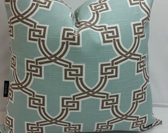 RTS, Snowy blue, taupe and white trellis cotton pillow 18"square