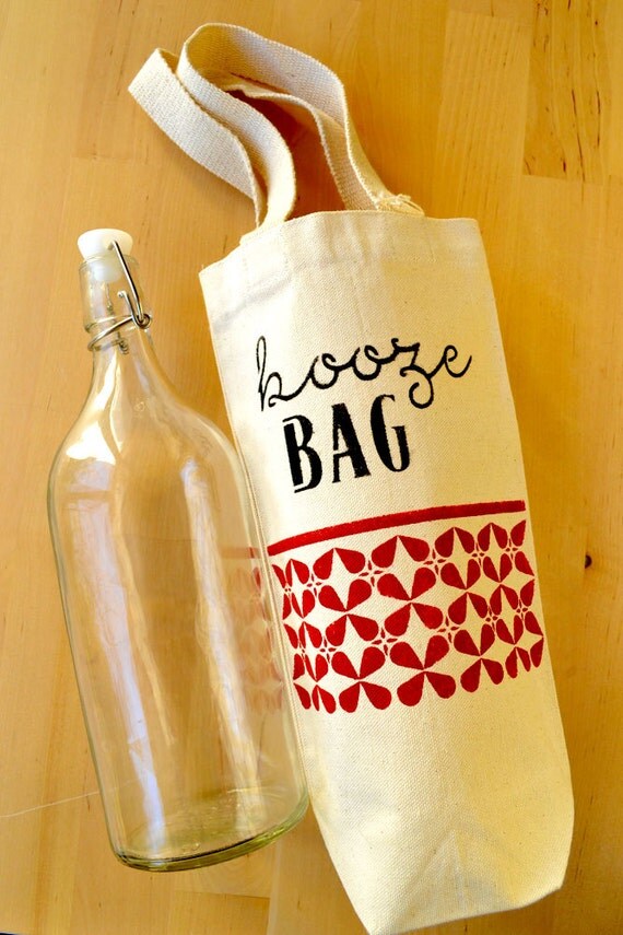 Booze Bag Tote Recycled Canvas Beverage Bag HandStenciled