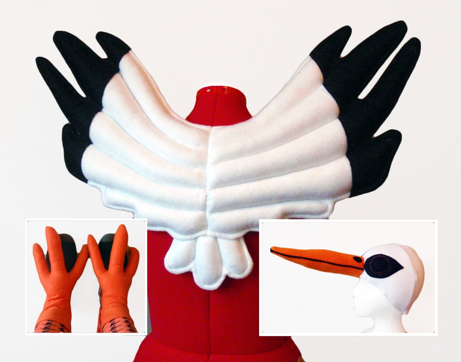 Stork Costume Wings Hat Feet. Bird Orange White Black Baby