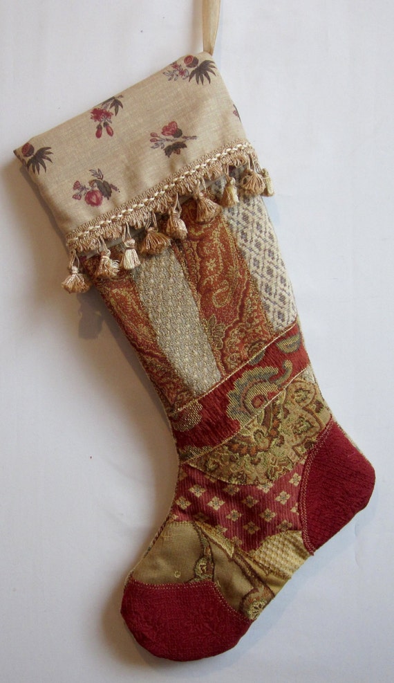 Victorian Christmas stocking with fancy trim fabric art