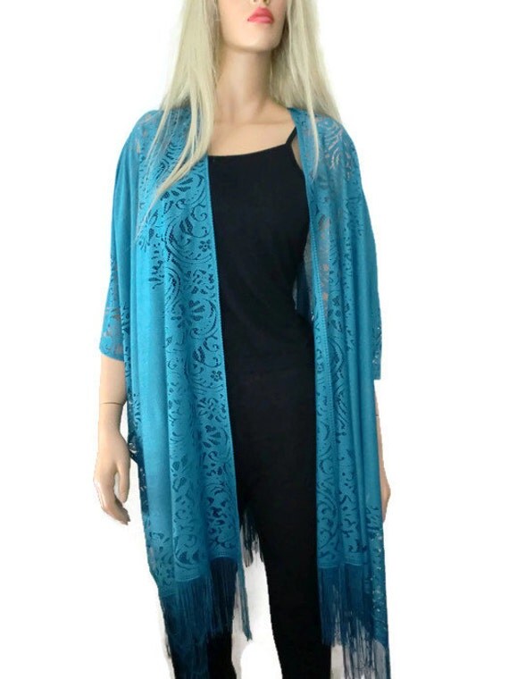 Teal Bohemian Lace Kimono Teal blue-kimono cardigan-Oversize