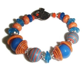 Orange and Blue Lampwork Bracelet Lampwork Beads Artisan OOAK Wahoowa