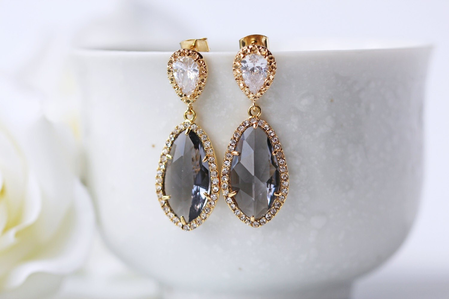 Cubic Zirconia Grey Glass Gold Wedding Earrings LUX Teardrop