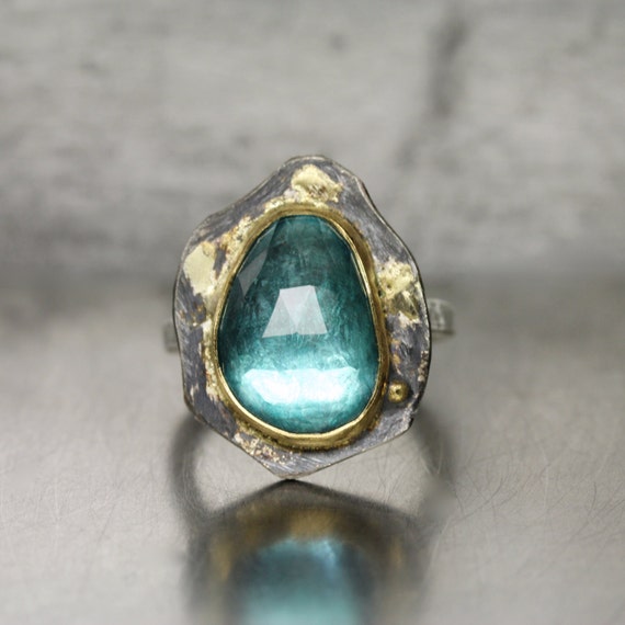 Large Rose-Cut Blue Topaz 22K Yellow Gold Silver Ring Dreamy