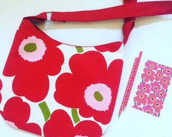 Messenger Bag made from Marimekko Fabric, Shoulder Bag, Cross Body Bag, Red Bag