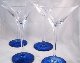 Cobalt Blue Swirled At Base Martini Glasses (5) Hand Blown