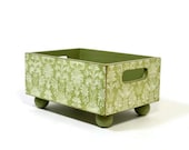 Wood storage bin decoupaged with a celery green damask design , small space organizing home accents