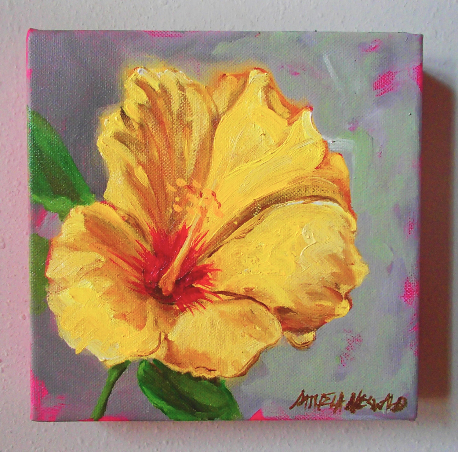 Yellow Hibiscus Flower oil painting Original flower by GraciousArt