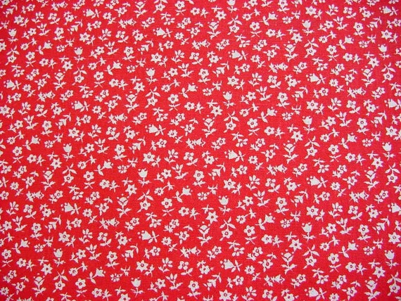 Vintage Red Cotton Calico Fabric Little White Daisy Star
