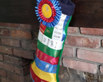 CUSTOM STOCKING - Holiday/Christmas stocking made from horse show ribbons.
