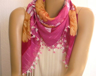 scarf with needle lace trim, turkish oya, fuchsia