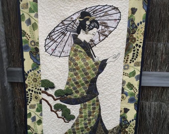 Geisha Green, Blue, and Gold Asian Fabric Aplique Wall Hanging Quilt