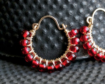 Red beaded hoop, Czech glass, wire wrapped, 14k gold filled, hoop earrings, red hoops, Mimi Michele jewelry