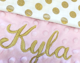 Gold Polka Dot Baby Blanket, Pink Gold Polkadot Cotton Baby Blanket, Personalized Baby blanket, Gold Polkadot Nursery