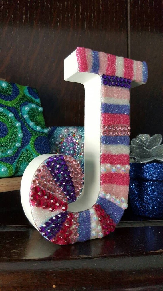 Freestanding Letter J pink purple and white glitter and