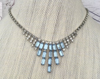Vintage Blue Rhinestone Choker Bib Necklace, Hollywood Glamour Jewelry, Elegant Estate Jewelry