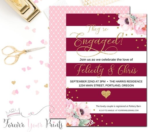 Floral Engagement Party Invitation, Wedding Shower Invitation, Engagement Invite, Bridal Shower Invite, Burgundy, Gold, Bridal Invitation Il_570xn
