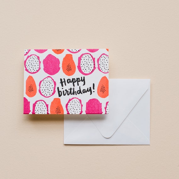 Letterpress Card Papaya Dragonfruit Happy Birthday