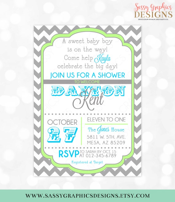 Boy Baby Shower Invitation Baby Boy Chevron Gray Blue Green