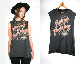 Vintage 1980's Harley Davidson Attitude Is Everything Distressed Thread Bare Grey Muscle Tank Top Unisex Adults Motorcycle Apparel