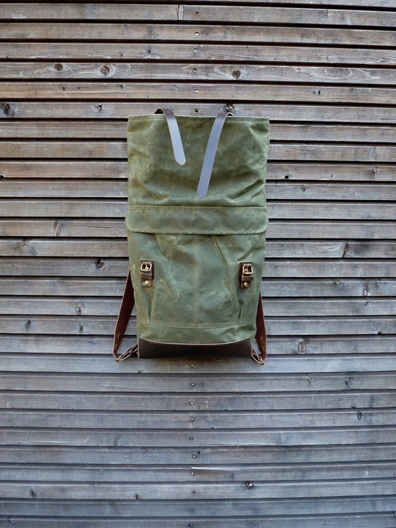 Waxed canvas rucksack / backpack with roll up top and