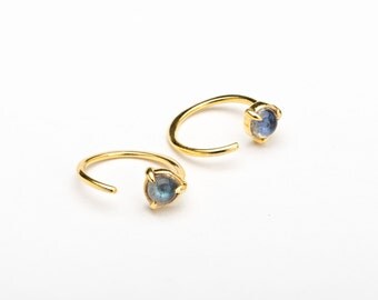 Tiny Labradorite Hug Hoops, Sterling Silver, Gold Plated, Open Hoop Earrings, Minimal Lunaijewelry, Handmade, Gift for her, EAR042LBR