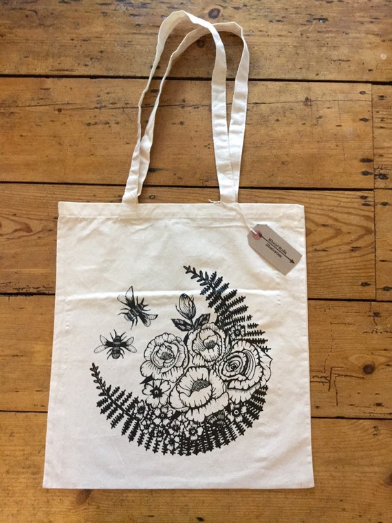 Illustrated Bees & Roses tote bag hand screen by MhairiStella