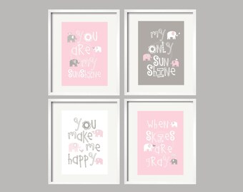 Elephant Art You Are My Sunshine Pink Grey Baby Girl Elephant Art Prints Pink Gray Girl Nursery Decor Girl Nursery Ideas Gifts for Girls