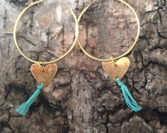 Turqouise gold heart hoops
