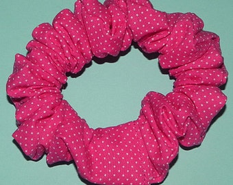 Tiny White Polka Dots on Bright Pink Cotton Handmade Hair Scrunchie
