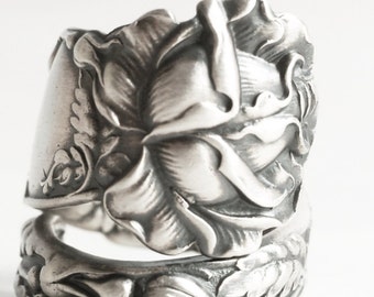 Bridal Rose Ring, Flower Ring, Sterling Silver Spoon Ring, Antique Alvin ca 1903, Handmade Gift for Gardeners, Adjustable Ring Size (6130)
