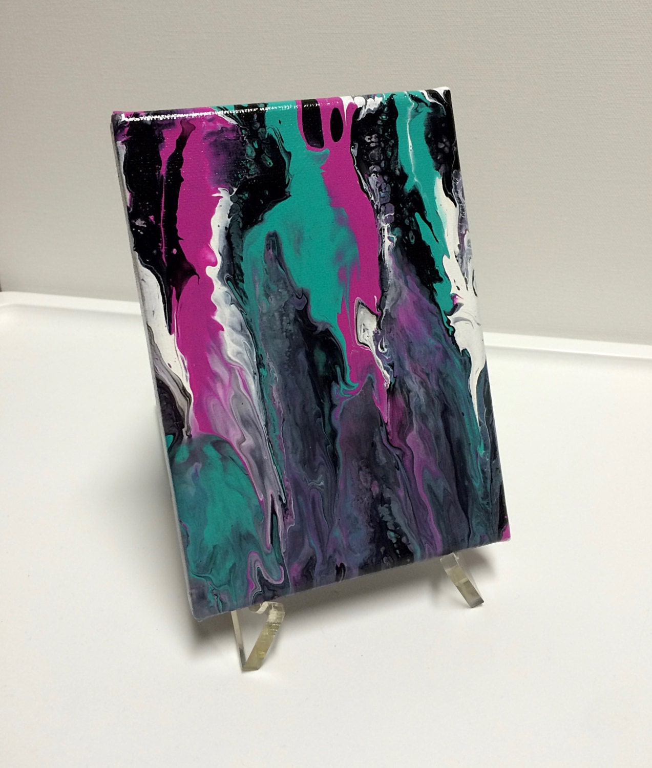 Abstract acrylic drip painting 5 x 7 inches pink and teal