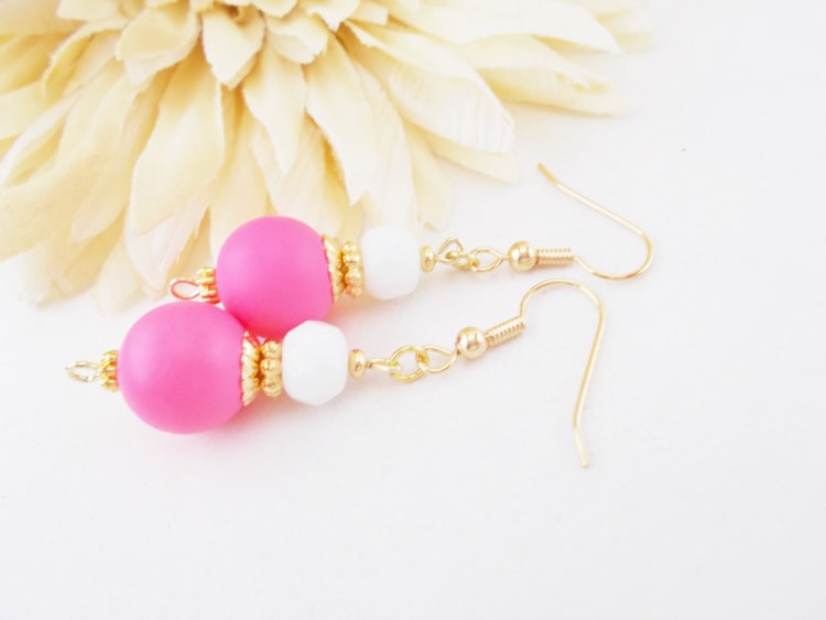 Hot Pink Earrings Prom Earrings White and Pink by chicagolandia