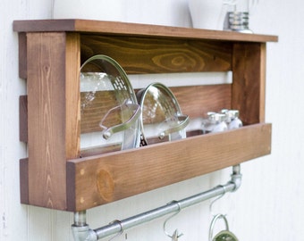 Manchester Rustic Farmhouse Industrial Shelf with Pot Rack Utensil Holder